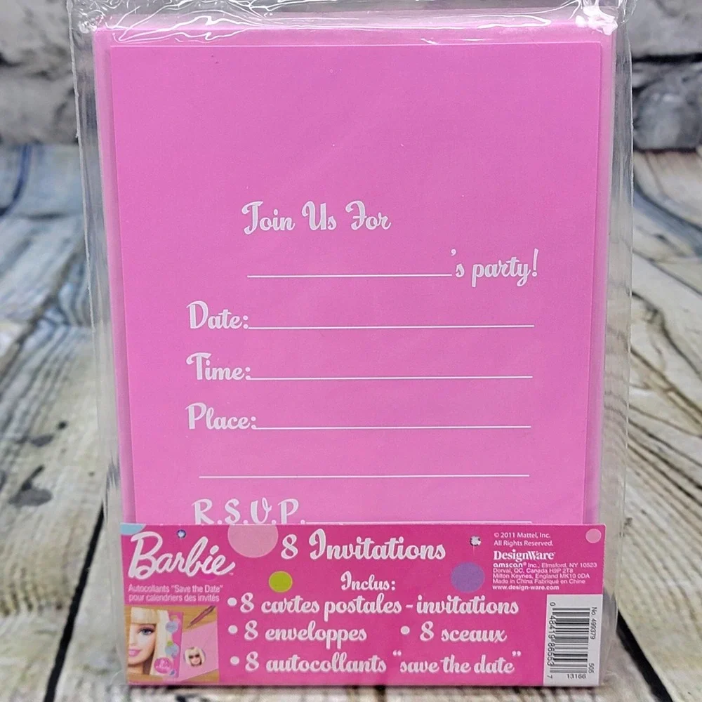 Barbie 8 Invitations Party‎ Pack Envelopes Seals Stickers Kids Birthday Fun